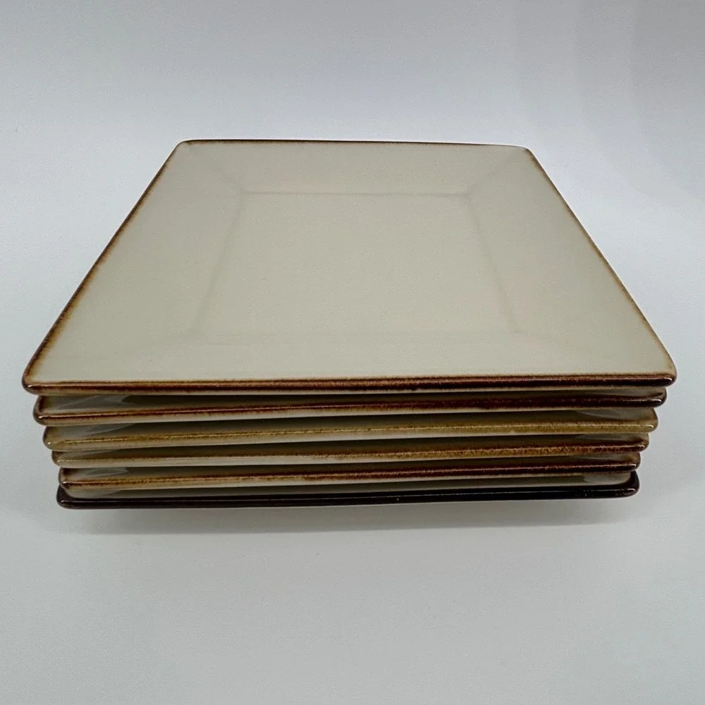 Pottery Barn Asian Square Appetizer Plates Set of 6 Cream Brown Putty 6